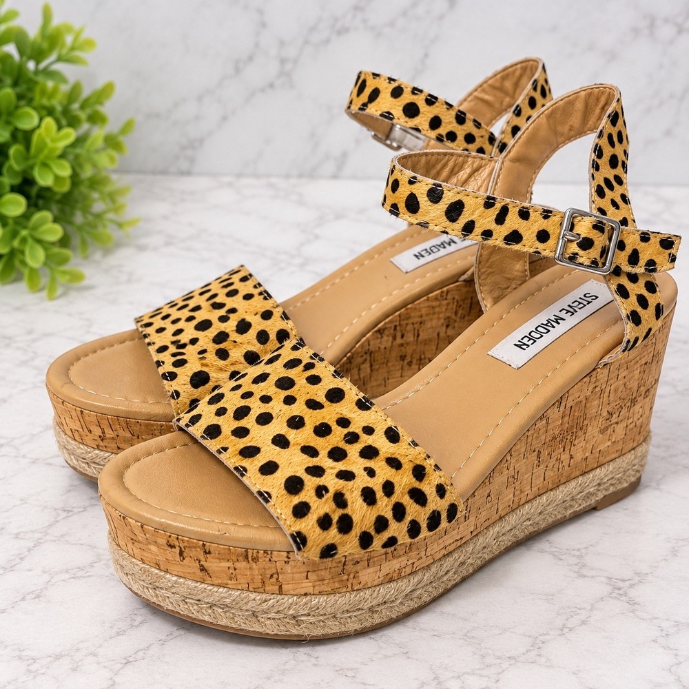 Steve Madden Prima Leopard Calf Hair Cork Wedge Espadrille Sandals Tan Black 8.5